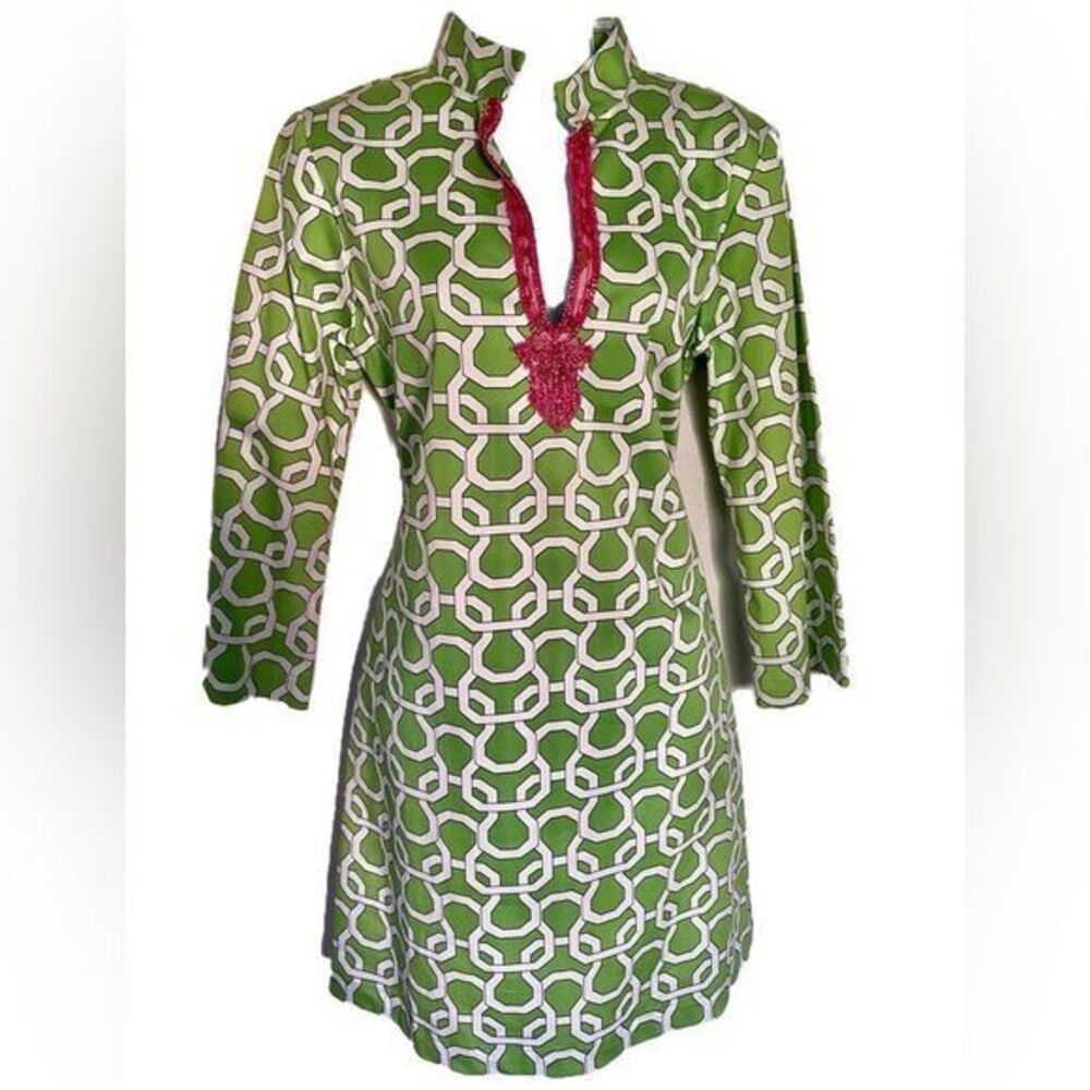 Devon Baer Dress - S green /cream, cotton blend